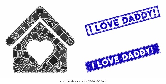 Mosaic love house pictogram and rectangular seal stamps. Flat vector love house mosaic icon of scattered rotated rectangular items. Blue caption seal stamps with grunged textures.