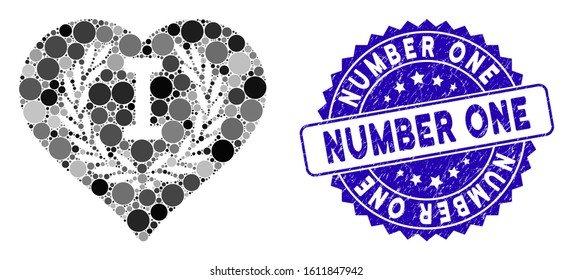 Mosaic love number one icon and distressed stamp seal with Number One phrase. Mosaic vector is created with love number one pictogram and with randomized spheric spots.