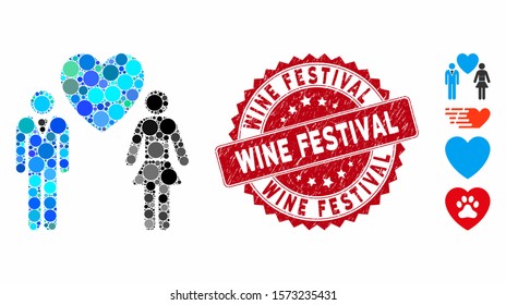 Mosaic love persons icon and rubber stamp seal with Wine Festival text. Mosaic vector is designed from love persons icon and with random spheric spots. Wine Festival stamp seal uses red color,