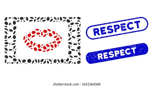 Mosaic love story movie and distressed stamp seals with Respect caption. Mosaic vector love story movie is created with random oval dots. Respect stamp seals use blue color,