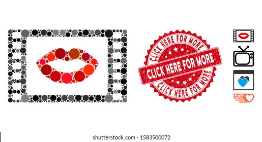 Mosaic love story movie icon and rubber stamp watermark with Click Here for More caption. Mosaic vector is designed with love story movie icon and with random round spots.