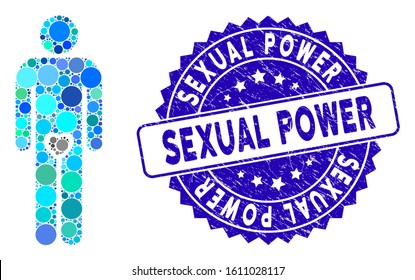 Mosaic lover guy icon and grunge stamp watermark with Sexual Power text. Mosaic vector is created with lover guy icon and with randomized circle items. Sexual Power stamp uses blue color,