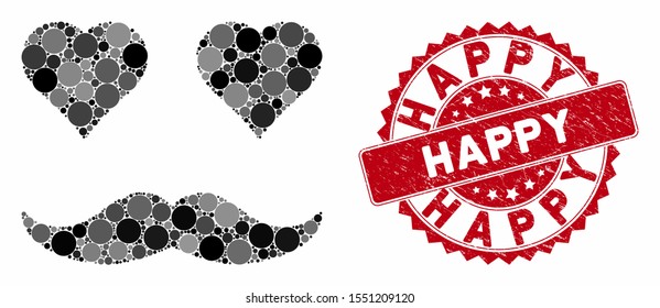 Mosaic lover smiley and rubber stamp seal with Happy text. Mosaic vector is composed with lover smiley icon and with randomized spheric spots. Happy stamp seal uses red color, and scratched design.