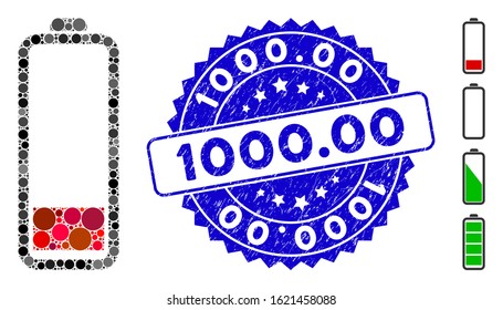 Mosaic low battery level icon and grunge stamp seal with 1000.00 text. Mosaic vector is designed with low battery level pictogram and with scattered round items. 1000.00 stamp seal uses blue color,