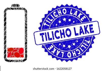 Mosaic low battery level icon and distressed stamp watermark with Tilicho Lake phrase. Mosaic vector is formed with low battery level icon and with random elliptic spots.