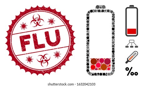 Mosaic low battery level icon and grunge stamp watermark with Flu text and biohazard symbol. Mosaic vector is formed with low battery level icon and with randomized spheric elements.