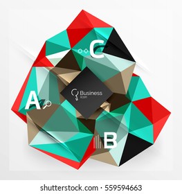Fundo abstrato poli baixo mosaico com infográficos - opções abc com texto. Plano de fundo de modelo de vetor para layout de fluxo de trabalho, diagrama, opções de número ou design da Web
