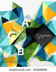 Mosaico de fondo abstracto de polos bajos con infografía - opciones de abc con texto. Fondo de plantilla de vector para diseño de flujo de trabajo, diagrama, opciones de número o diseño web