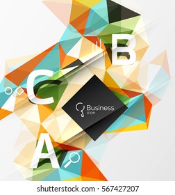 Fundo abstrato poli baixo mosaico com infográficos - opções abc com texto. Plano de fundo de modelo de vetor para layout de fluxo de trabalho, diagrama, opções de número ou design da Web