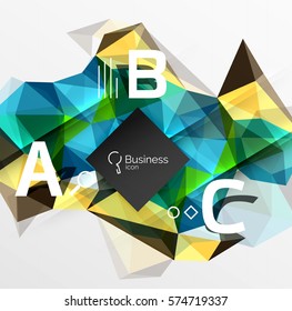 Mosaik abstrakter Low-Poly-Hintergrund mit Infografiken - abc-Optionen mit Text. Vektorvorlagenhintergrund für das Workflowlayout, -diagramm, -nummeroptionen oder Webdesign
