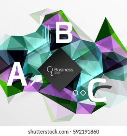 Fundo abstrato poli baixo mosaico com infográficos - opções abc com texto. Plano de fundo de modelo de vetor para layout de fluxo de trabalho, diagrama, opções de número ou design da Web