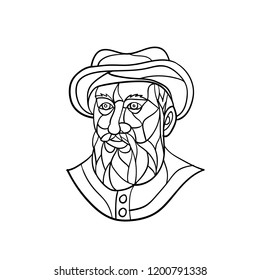 Mosaic low polygon style illustration of an old Spanish or Portuguese explorer or naval officer, Ferdinand Magellan wearing a hat and beard on isolated white background in black and white.