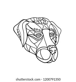 Mosaic low polygon style illustration of a labrador or golden retriever dog head looking to side on isolated white background in black and white.
