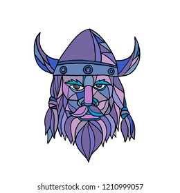 Mosaic low polygon style illustration of head of a viking, norseman or barbarian viewed from front on isolated white background in color.