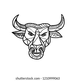 Mosaic low polygon style illustration of a Texas longhorn bull with nose ring viewed from front on isolated white background in color.