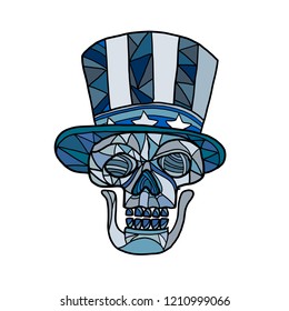 Mosaic low polygon style illustration of head of a skull of Uncle Sam mascot wearing an American stars and stripes top hat viewed from front on isolated white background in color.