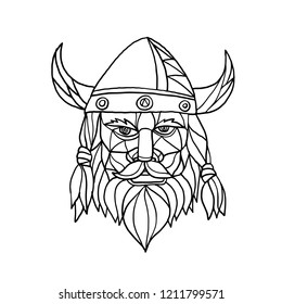 Mosaic low polygon style illustration of head of a viking, norseman or barbarian viewed from front on isolated white background in black and white.