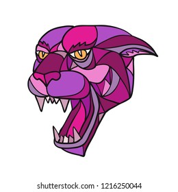 Mosaic low polygon style illustration of head of an angry and aggressive jaguar, black panther or cougar growling on isolated white background in color.
