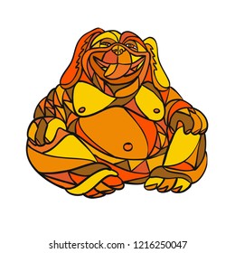 Mosaic low polygon style illustration of a laughing Buddha dog sitting viewed from front on isolated white background in color.