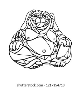 Mosaic low polygon style illustration of a laughing dog Buddha sitting viewed from front on isolated white background in Black and White.