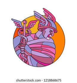 Mosaic low polygon style illustration of Mercury, Roman god of shopkeepers, merchants, travelers, transporters  thieves and tricksters or in Greek mythology, Hermes, messenger of gods color.