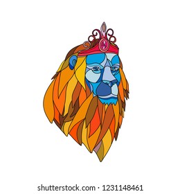 Mosaic low polygon style illustration of a lion with big mane wearing a tiara crown viewed from front on isolated white background in color.