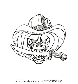 Mosaic low polygon style illustration of a cowboy pirate skull wearing a hat biting a dagger, knife or sword viewed from front on isolated white background in color.