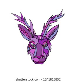 Mosaic low polygon style illustration of head of a jackalope, a mythical animal of North American folklore, described as a jackrabbit with antelope horns on isolated white background in color.