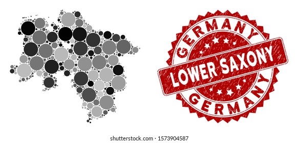 Mosaic Lower Saxony Land map and circle stamp. Flat vector Lower Saxony Land map mosaic of scattered circle elements. Red stamp imprint with distress style.
