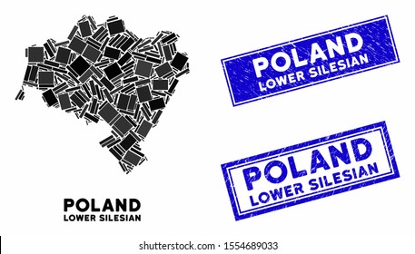 Mosaic Lower Silesian Voivodeship map and rectangle seals. Flat vector Lower Silesian Voivodeship map mosaic of random rotated rectangle elements. Blue caption seals with dirty texture.