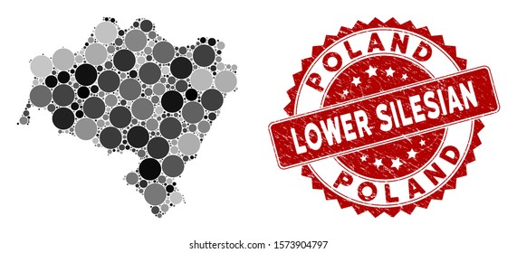 Mosaic Lower Silesian Voivodeship map and circle seal. Flat vector Lower Silesian Voivodeship map mosaic of scattered circle elements. Red seal stamp with distress style.