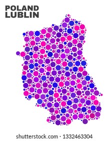 Mosaic Lublin Voivodeship map isolated on a white background. Vector geographic abstraction in pink and violet colors. Mosaic of Lublin Voivodeship map combined of scattered round items.