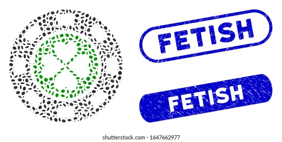 Chip de casino de suerte mosaico y sellos de sellos corroídos con texto Fetiche. El chip de casino Mosaic vectorial de suerte se crea con puntos de elipse dispersos. Los sellos de sello fetiche utilizan color azul,