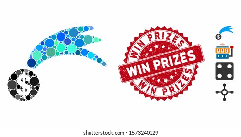 Mosaic lucky falling dollar icon and rubber stamp seal with Win Prizes caption. Mosaic vector is designed with lucky falling dollar icon and with scattered circle elements.