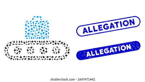 Mosaic luggage conveyor and rubber stamp seals with Allegation phrase. Mosaic vector luggage conveyor is created with random oval spots. Allegation stamp seals use blue color,