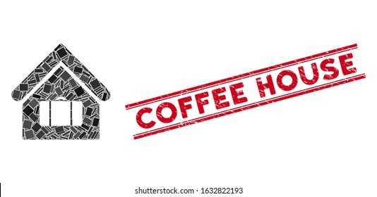 Mosaic luggage room icon and red Coffee House seal stamp between double parallel lines. Flat vector luggage room mosaic icon of random rotated rectangular items.