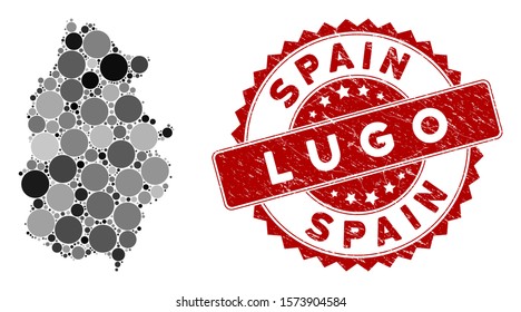 Mosaic Lugo Province map and circle seal. Flat vector Lugo Province map mosaic of scattered circle items. Red seal with rubber style. Designed for political and patriotic proclamations.