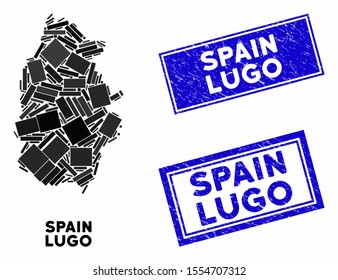 Mosaic Lugo Province map and rectangle watermarks. Flat vector Lugo Province map mosaic of scattered rotated rectangle items. Blue caption watermarks with distress surface.