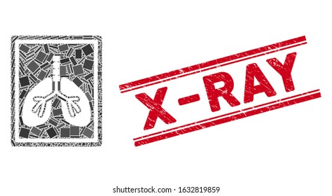 Mosaic lungs fluorography pictogram and red X-Ray seal stamp between double parallel lines. Flat vector lungs fluorography mosaic icon of randomized rotated rectangle elements.