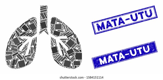 Mosaic lungs icon and rectangle Mata-Utu seal stamps. Flat vector lungs mosaic icon of scattered rotated rectangle elements. Blue Mata-Utu seal stamps with distress texture.
