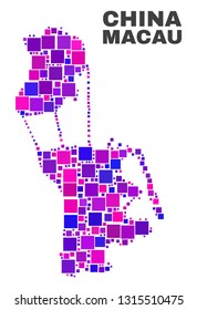 Mosaic Macau map isolated on a white background. Vector geographic abstraction in pink and violet colors. Mosaic of Macau map combined of scattered square elements.