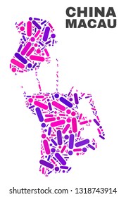 Mosaic Macau map isolated on a white background. Vector geographic abstraction in pink and violet colors. Mosaic of Macau map combined of random circle dots and lines.