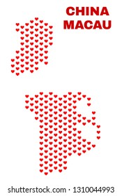 Mosaic Macau map of valentine hearts in red color isolated on a white background. Regular red heart pattern in shape of Macau map. Abstract design for Valentine decoration.