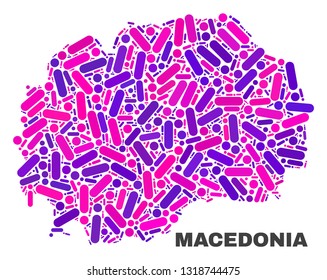 Mosaic Macedonia map isolated on a white background. Vector geographic abstraction in pink and violet colors. Mosaic of Macedonia map combined of scattered round points and lines.