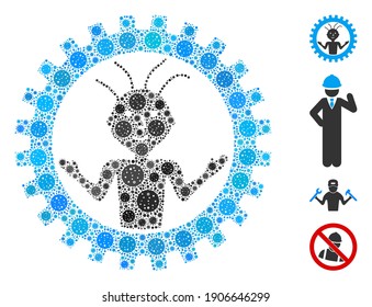 Mosaic mad engineer organized from covid-2019 virus icons in different sizes and color hues. Vector pathogen icons are organized into abstract mosaic mad engineer icon. Some bonus icons are added.