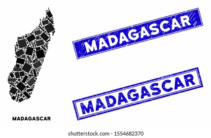 Mosaic Madagascar Island map and rectangle seal stamps. Flat vector Madagascar Island map mosaic of random rotated rectangle items. Blue caption seal stamps with rubber textures.