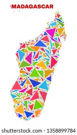 Mosaic Madagascar Island map of triangles in bright colors isolated on a white background. Triangular collage in shape of Madagascar Island map. Abstract design for patriotic illustrations.