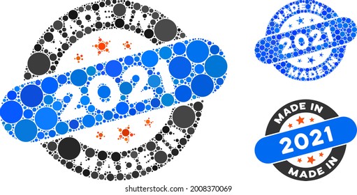 Mosaic made in 2021 stamp icon united from spheric elements in random sizes, positions and proportions. Blue and original versions of made in 2021 stamp icon.