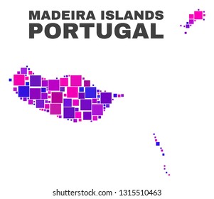 Mosaic Madeira Islands map isolated on a white background. Vector geographic abstraction in pink and violet colors. Mosaic of Madeira Islands map combined of scattered square elements.