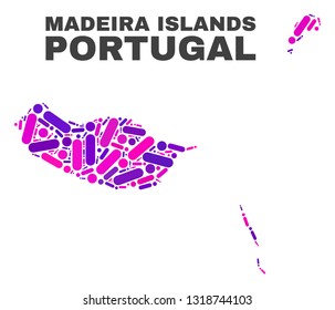 Mosaic Madeira Islands map isolated on a white background. Vector geographic abstraction in pink and violet colors. Mosaic of Madeira Islands map combined of random round points and lines.